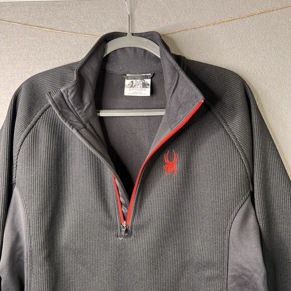 Spyder Pullover Jacket Men's XL Black Waffle Knit Fleece Lined 1/4 Zip Red Logo - Picture 3 of 10